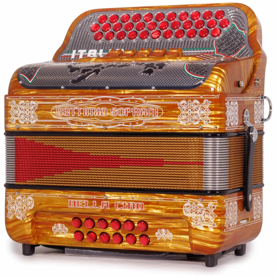 Settimio Soprani Bella Ciao Accordion 5 Switch EAD Celluloid Wood with Gold and Red Accessories